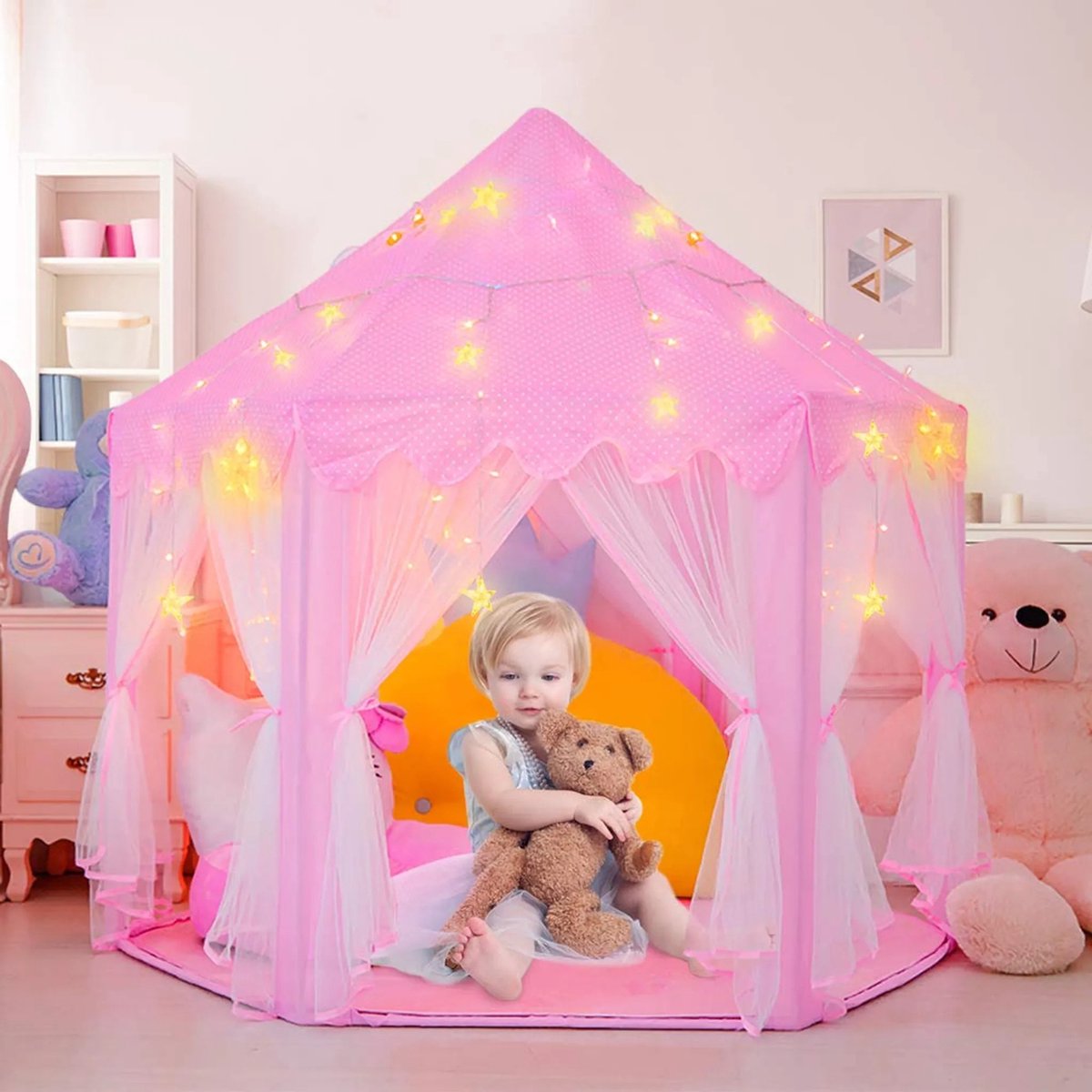 K IKIDO Speeltent voor Kinderen-Princess Castle Game Tent-Speeltent Droomkasteel Voor Meisjes-Wordt geleverd met Led Verlichting 140x140x140cm-Girls ’Playroom Kinderspeelkamer-Voor binnen en Buiten-Roze