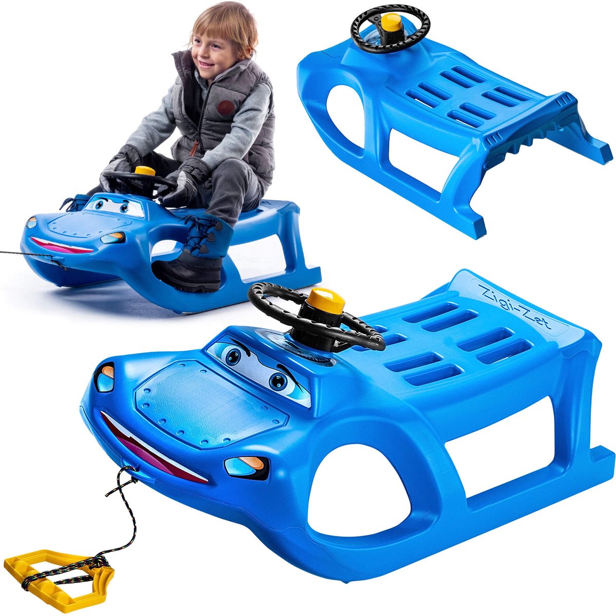   Zigi-zet Kunststof slee met stuur en claxon, 91 x 45 x 37 cm kinderslee, stabiele en veilige bobslee, rodel van kunststof, Zigi-zet glijslee (blauw)