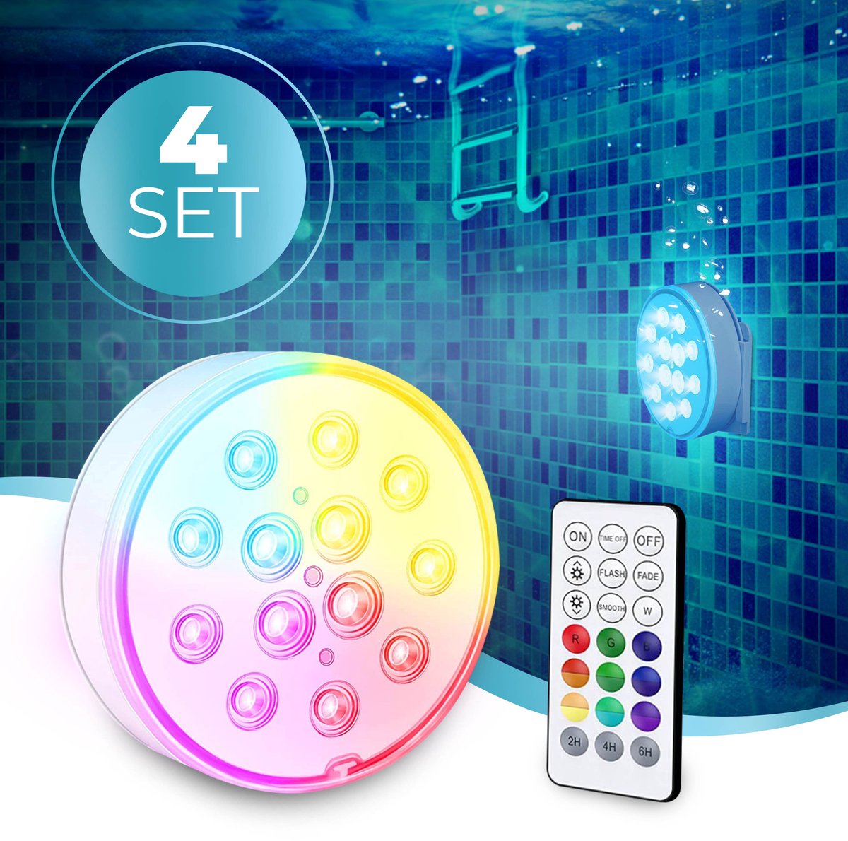 KENN® Oplaadbare Zwembadlamp - Set van 4 - 13 LEDs - Met Afstandsbediening - 100% Waterdicht - Inclusief Bevestiging - Zwembadverlichting - Badspeelgoed - Vijververlichting - Onderwaterlamp - Jacuzzi Verlichting - Onderwater Verlichting