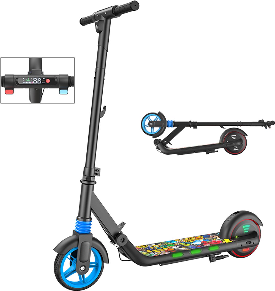 KIDDOWE K2 Elektrische Step Kinderen 6 tot 12 - Inklapbaar – 14 km/u – LED Verlichting – 8km Bereik – met Bluetooth – Zwart