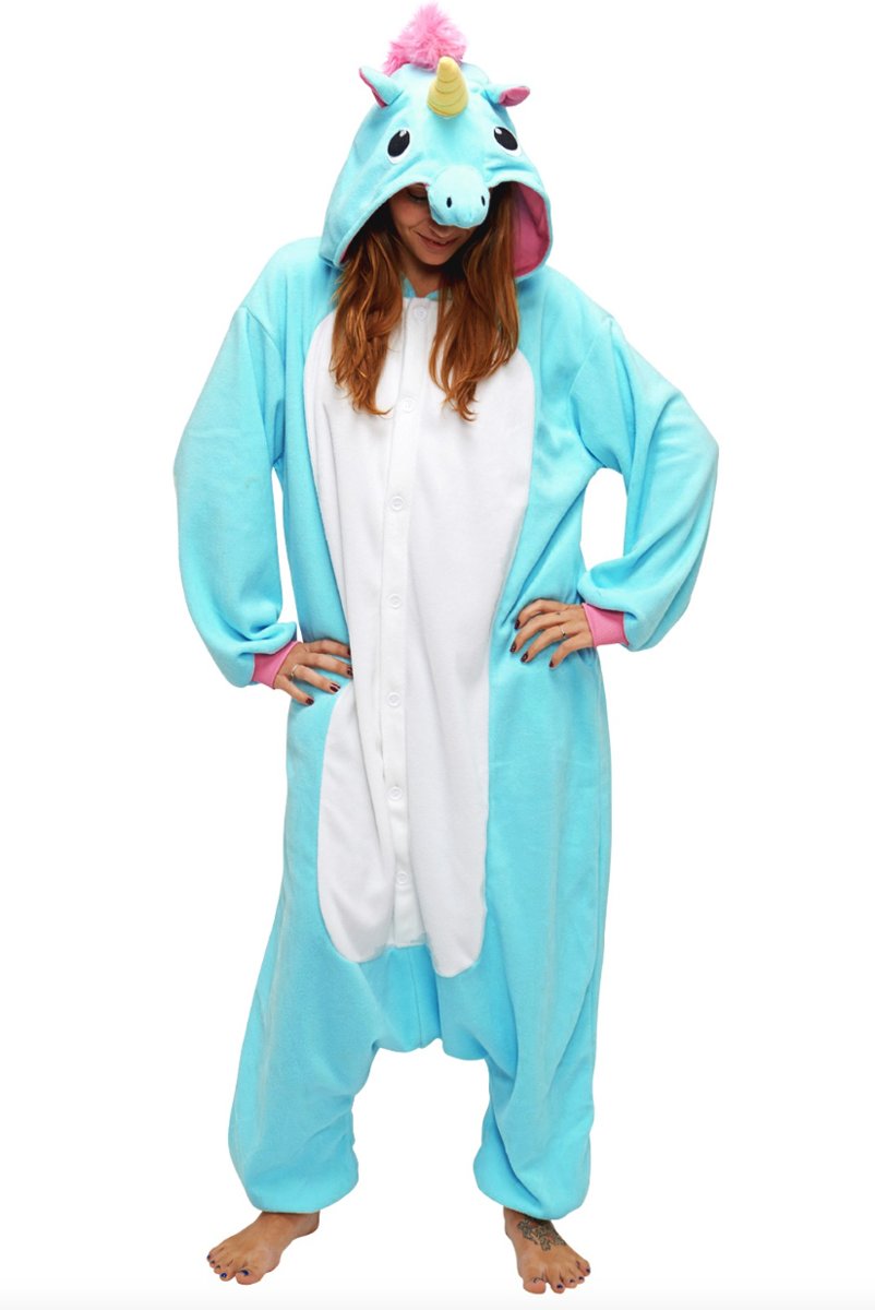KIMU onesie Eenhoorn Unicorn blauw pak kostuum - maat L-XL - jumpsuit huispak