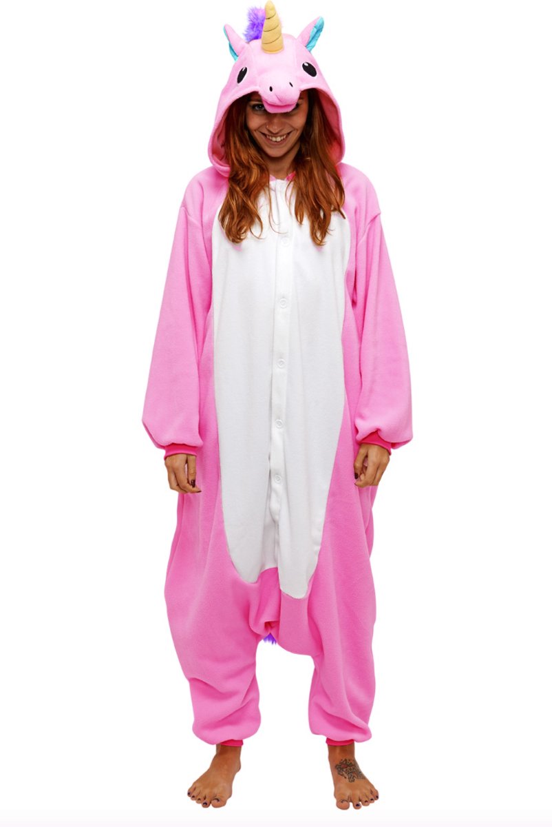KIMU onesie Eenhoorn Unicorn roze pak kostuum - maat M-L - jumpsuit huispak