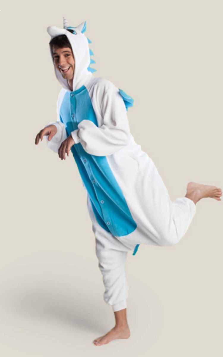 KIMU onesie Pegasus Eenhoorn Unicorn wit blauw kinder pak - maat 128-134 - jumpsuit pyama