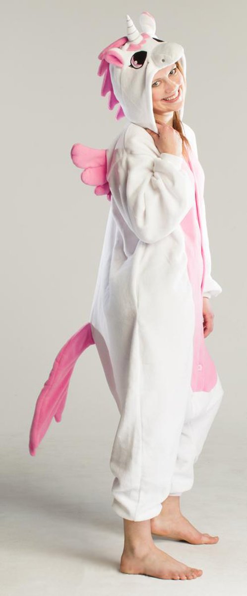 KIMU onesie Pegasus Eenhoorn Unicorn wit roze pak kostuum - maat S-M - jumpsuit huispak