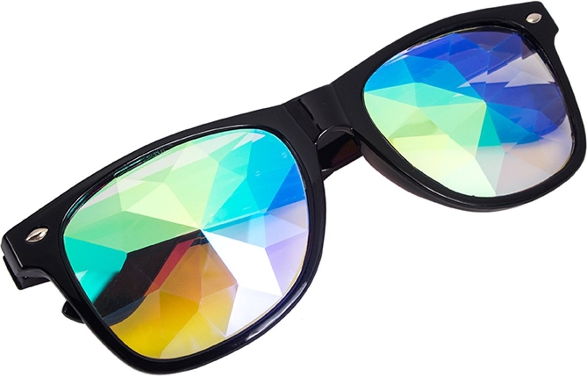 Caleidoscoop bril Wayfarer zwart - spacebril diamant kaleidoscoop space rave holografisch - steampunk festival