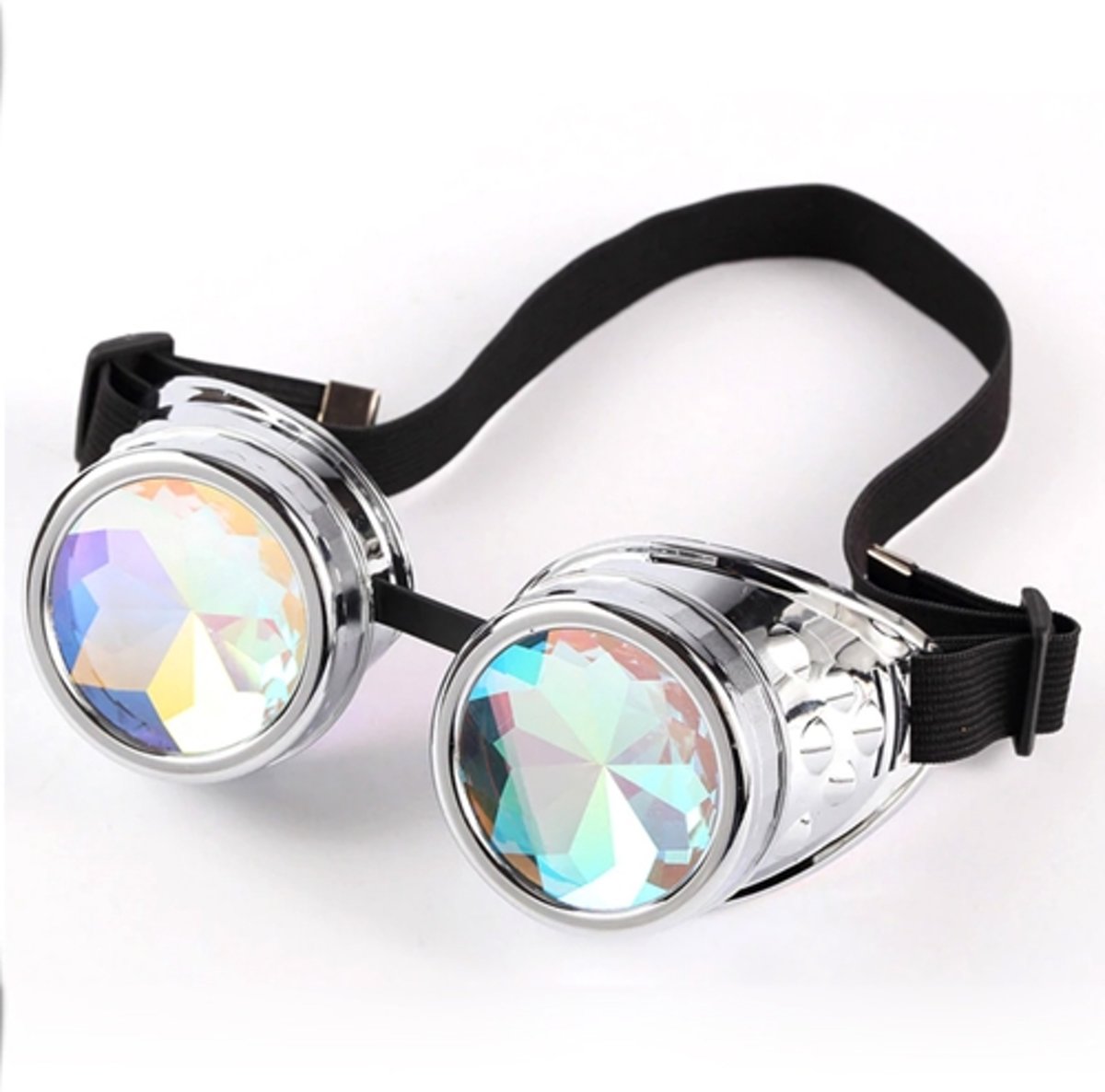 Caleidoscoop bril goggles Steampunk - zilver - chroom holografisch