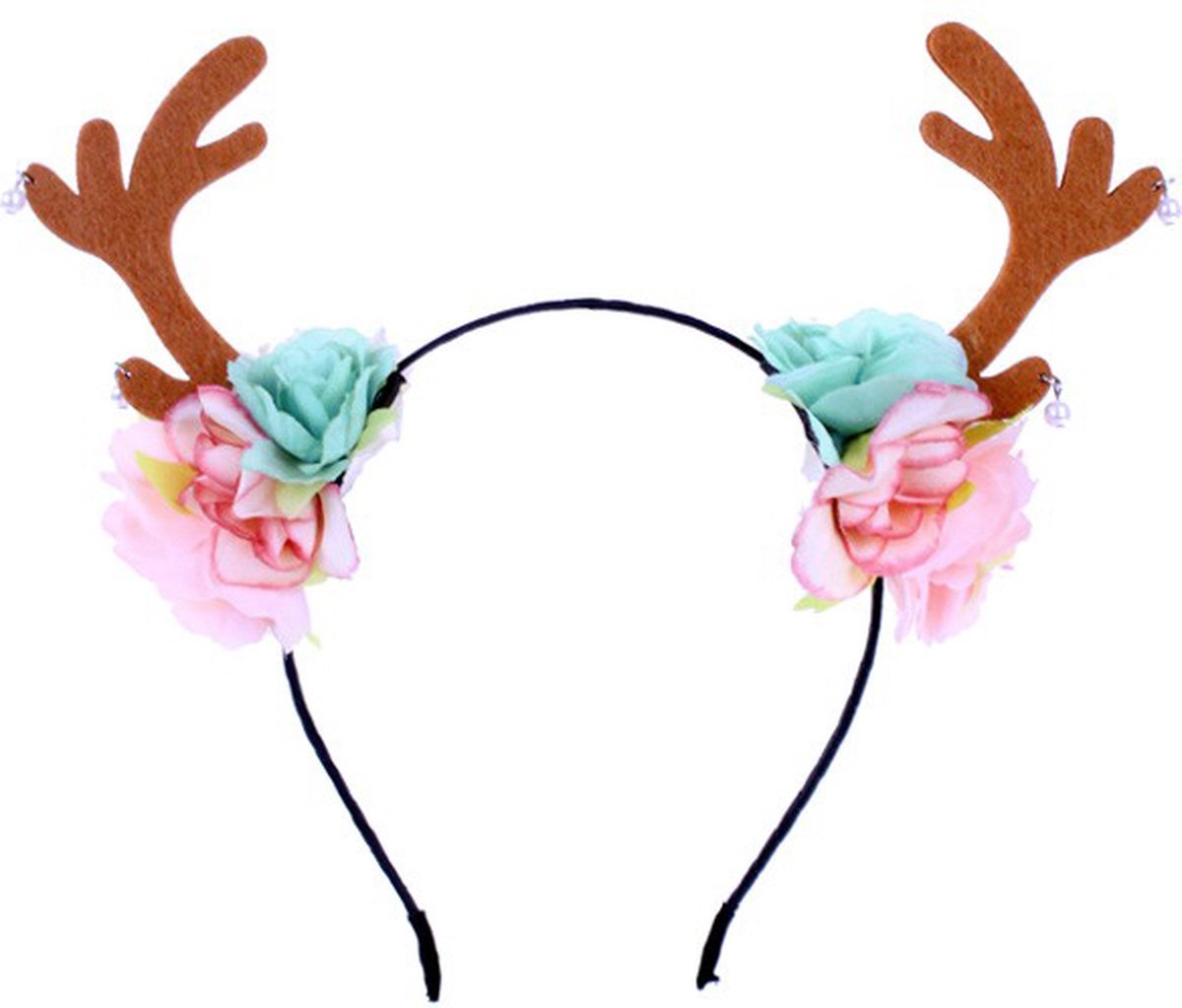 Diadeem rendier - mint groene en lichtroze bloemen - haarband kerst Rudolf