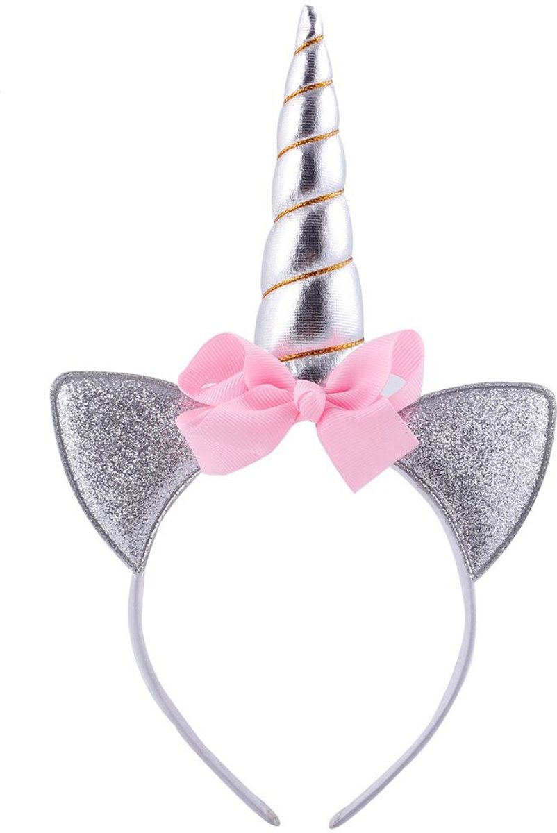 Eenhoorn diadeem roze unicorn haarband zilver met oortjes en strik - zilveren hoorn glitter lolita metallic - festival carnaval kinderfeestje Burning Man - lichtroze strikje