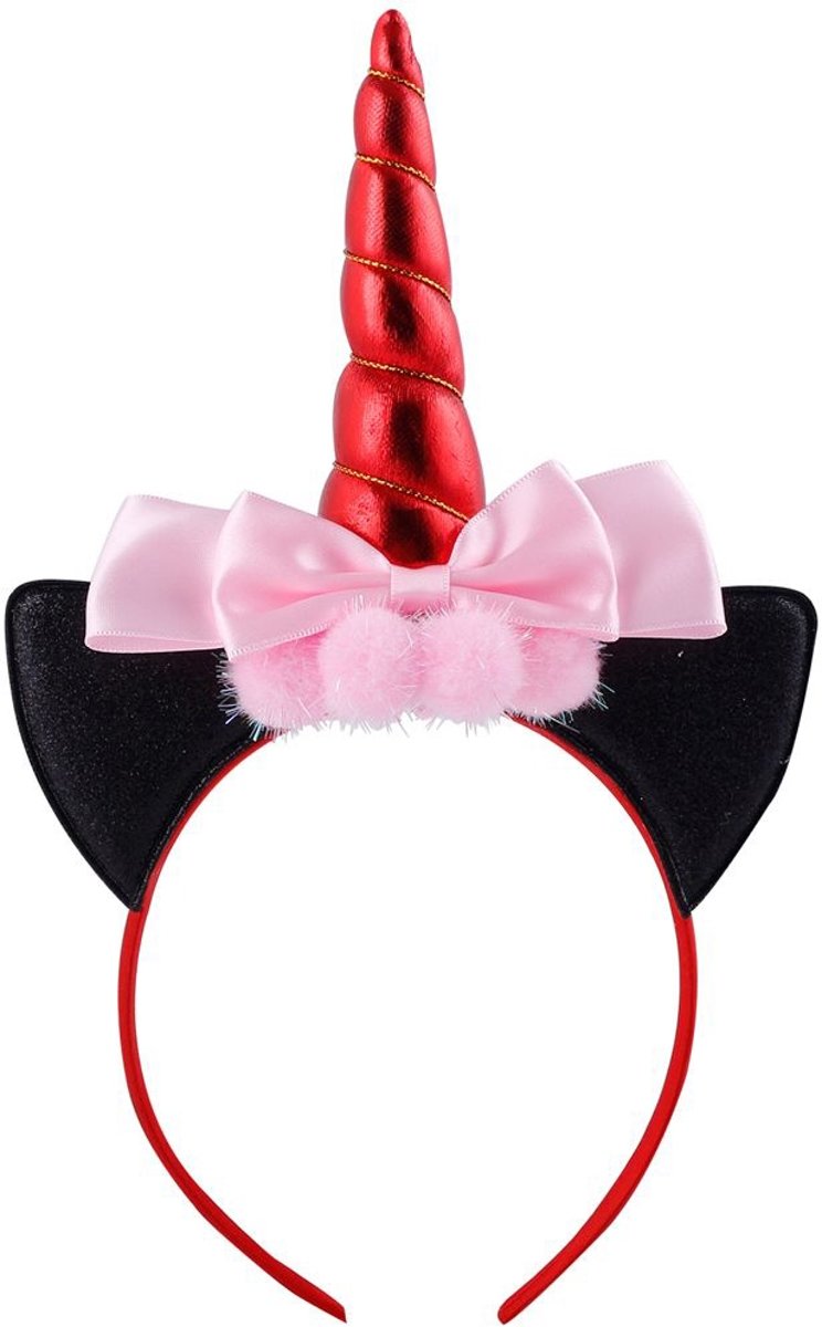 Eenhoorn diadeem unicorn rood zwart haarband zilver met oortjes en strik - rode hoorn glitter lolita roze metallic - festival carnaval kinderfeestje Burning Man Minnie Mouse - lichtroze strikje