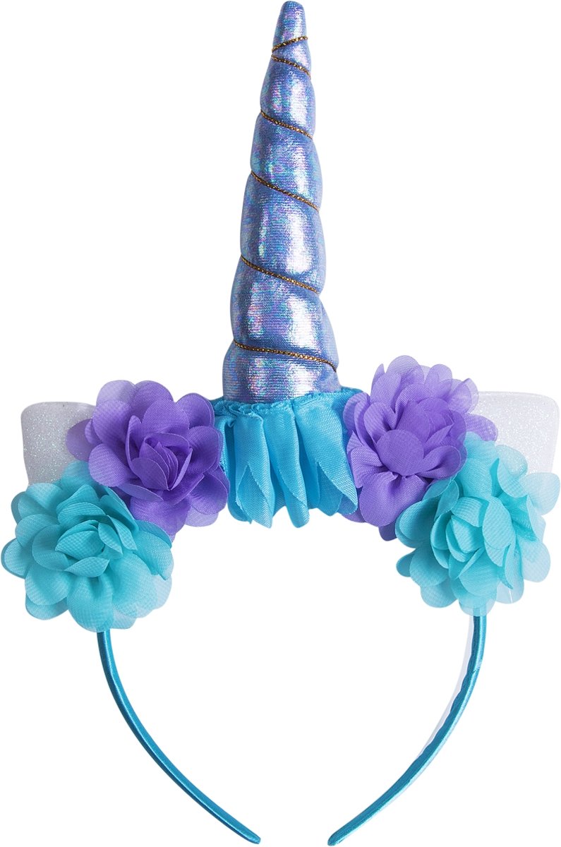 Eenhoorn haarband blauw unicorn diadeem met oortjes en bloemetjes - blauwe hoorn glitter lolita metallic - festival carnaval kinderfeestje Burning Man - bloemen paars blauw