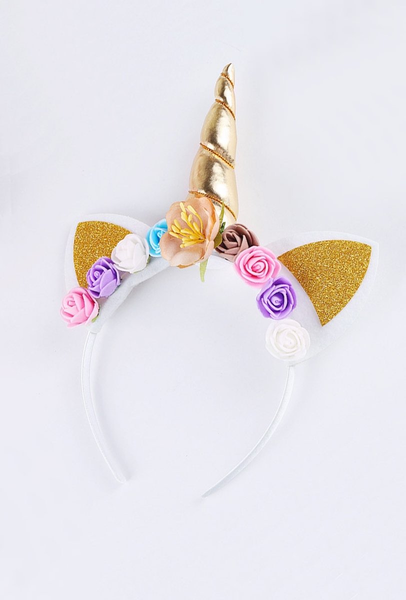 Eenhoorn haarband goud unicorn diadeem met oortjes en bloemetjes - gouden hoorn glitter lolita metallic - festival carnaval kinderfeestje Burning Man - bloemen wit roze blauw paars bruin