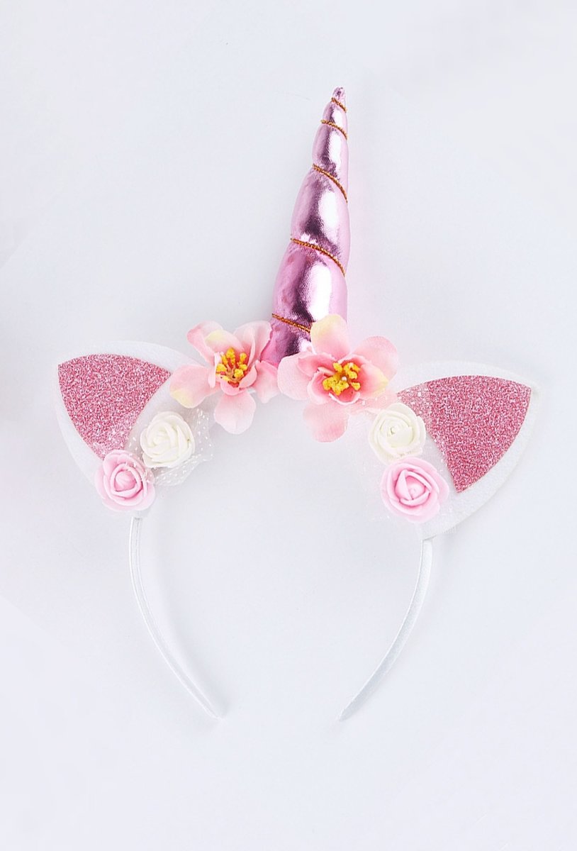 Eenhoorn haarband lichtroze unicorn diadeem met oortjes en bloemetjes - roze hoorn glitter lolita metallic - festival carnaval kinderfeestje Burning Man - bloemen wit roze