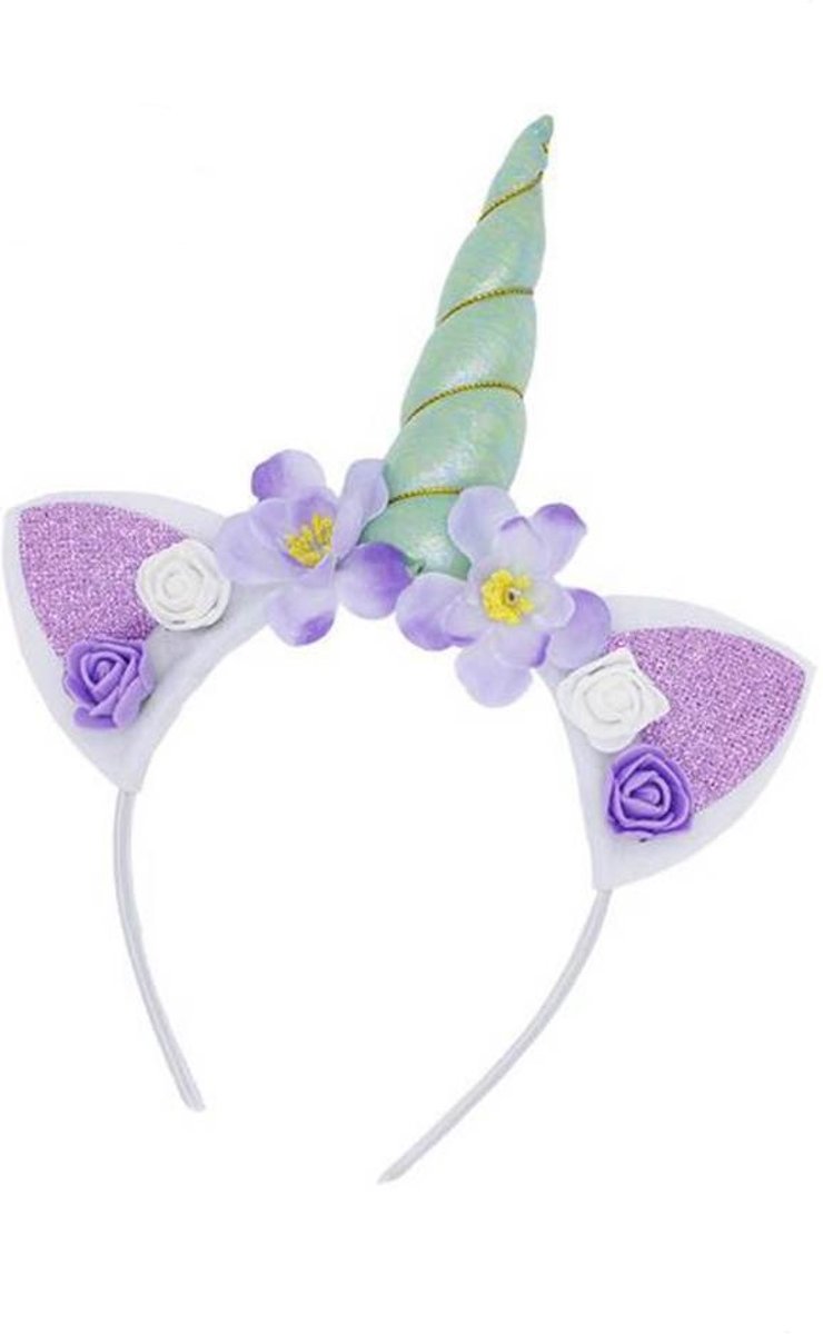 Eenhoorn haarband mintgroen unicorn diadeem met oortjes en bloemetjes - mintgroene hoorn glitter lolita metallic - festival carnaval kinderfeestje Burning Man - bloemen paars wit