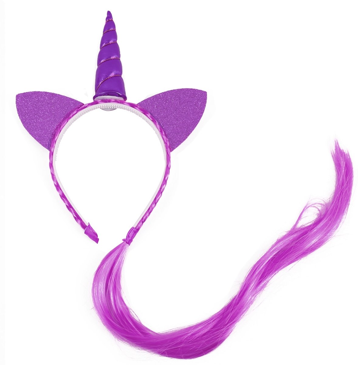 Eenhoorn haarband paars unicorn diadeem met haar en oortjes - hoorn haar glitter vlecht extensions - kinderfeestje carnaval