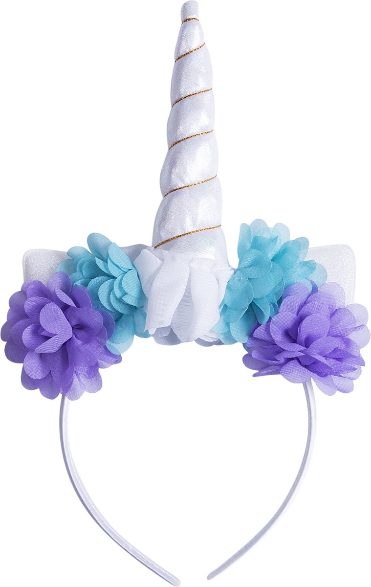 Eenhoorn haarband wit unicorn diadeem met oortjes en bloemetjes - witte hoorn glitter lolita metallic - festival carnaval kinderfeestje Burning Man - bloemen paars blauw wit