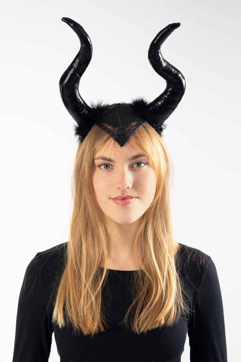 Grote hoorns heks haarband zwart gloss dons - diadeem maleficent horens halloween