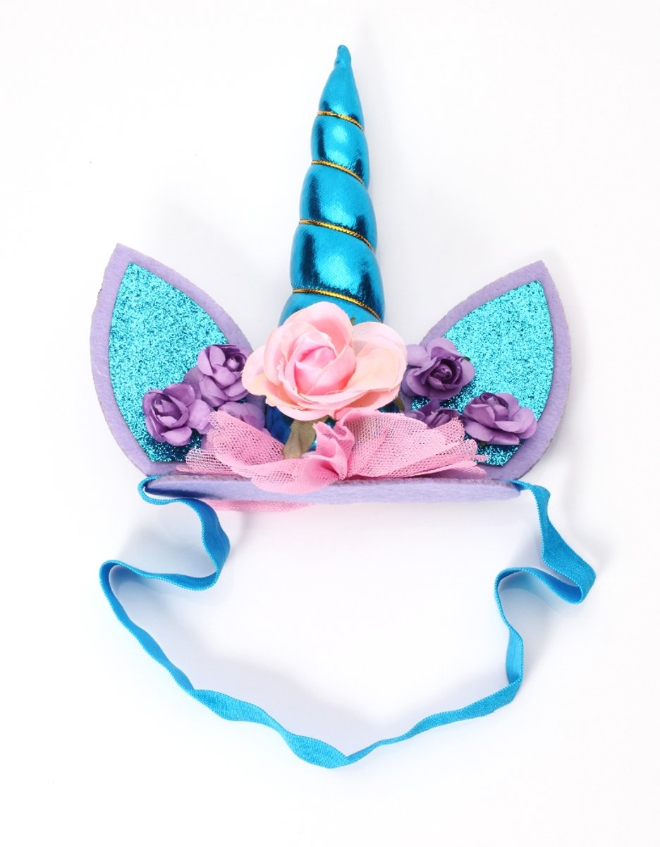 Haarband eenhoorn blauw unicorn elastiek met oortjes, bloemetjes en tule - blauwe hoorn diadeem glitter lolita metallic - festival carnaval kinderfeestje Burning Man - bloemen roze paars