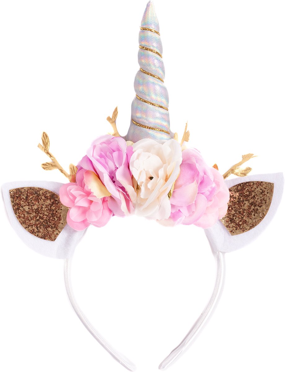 KIMU Eenhoorn Haarband Blaadjes Iridescent - Unicorn Diadeem Met Oortjes, Bloemetjes En Takjes - Holografische Hoorn Bloemen Gouden Bladeren Halloween