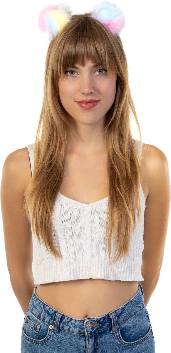   Haarband Pompoms Bolletjes Diadeem Pastel Regenboog - Dons Veertjes Zacht Balletjes - Haar Band Meisjes Dames Fantasy Festival