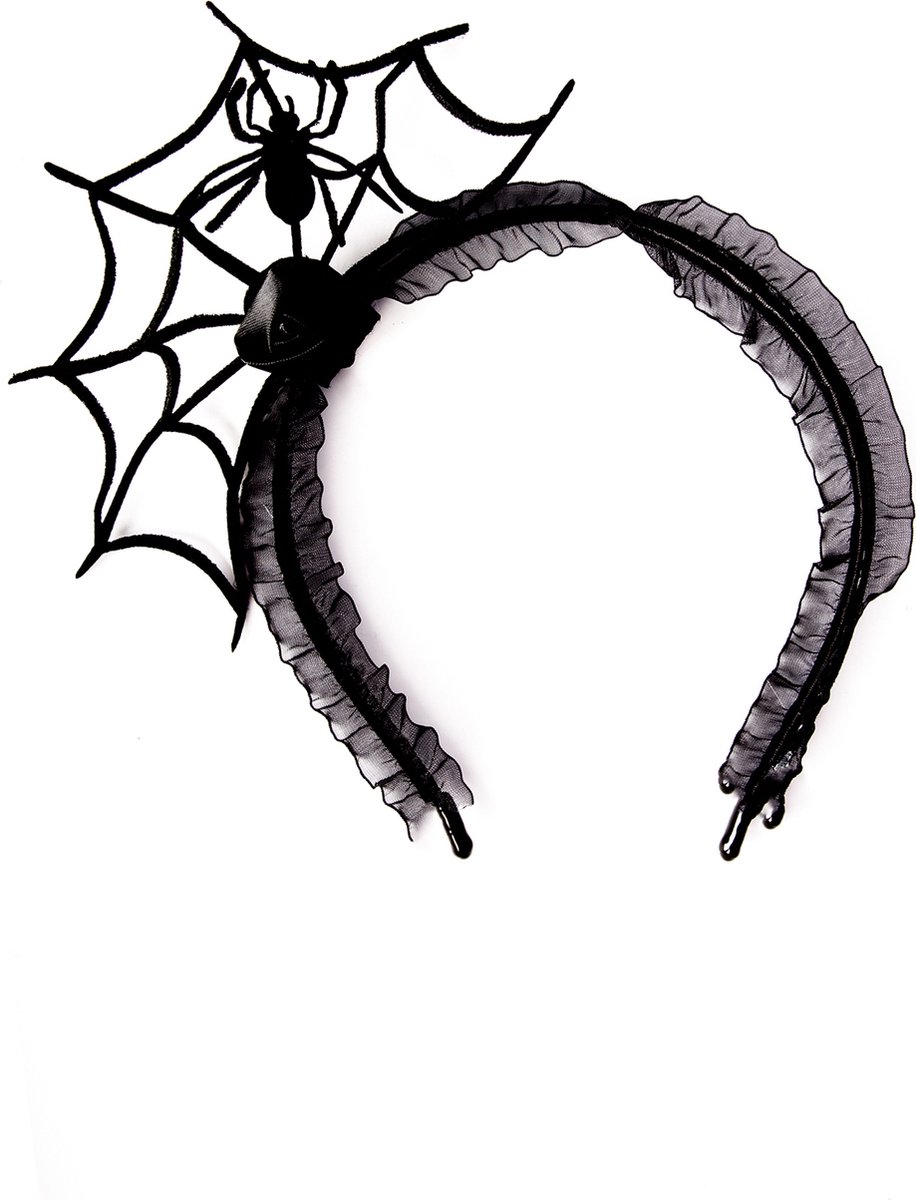 KIMU Haarband Spinnenweb Zwart - Spinnen Web Diadeem Halloween - Griezel Spinnetjes Zwarte Weduwe Spider Horror Wolfspin Vogelspin Spinrag Halloween
