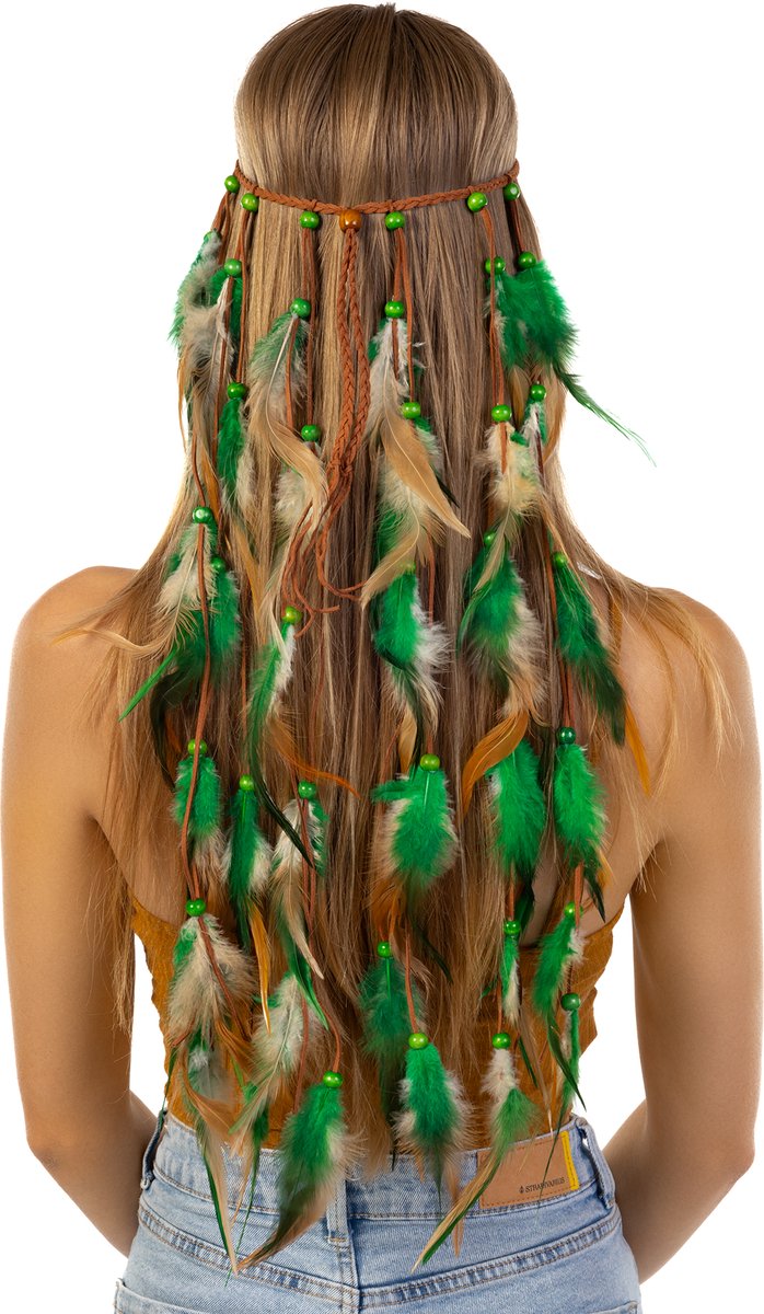   Hoofdband Veren Groen Bruin - Ibiza Hippie Indiaan Haarband - Veertjes Kraaltjes Vlecht Leer Haar Bohemian Boho Chic Coachella Festival