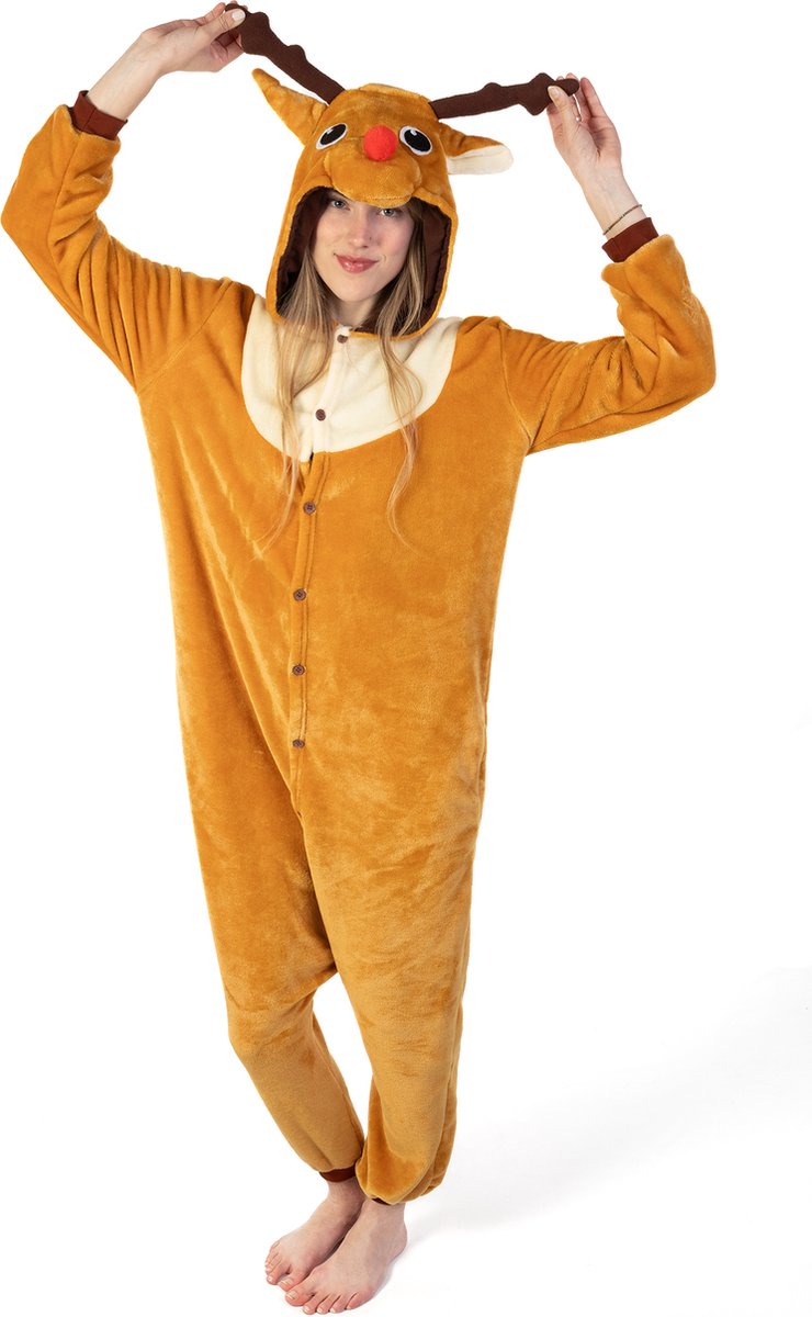 KIMU Onesie Rendier Pak - Maat S-M - Rendierenpak Kostuum Bruin Eland Hert 158 164 - Kerst Pyjama Huispak Zacht Jumpsuit Dames Heren Halloween