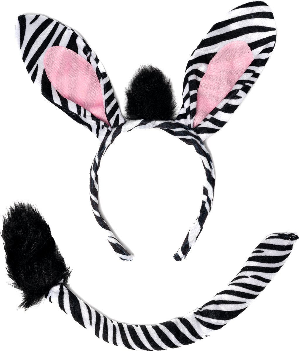 KIMU Zebra Haarband Oren & Staart Diadeem Set - Zebraprint Zwart Wit Gestreept Dierenpak Paard Oortjes Pak - Kinderfeestje Halloween