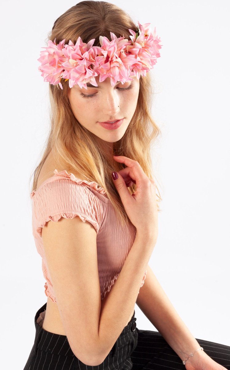 KIMU bloemenkrans haar dahlia lichtroze bloemen haarband festival roze