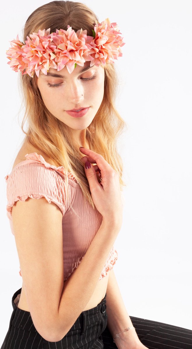   bloemenkrans haar dahlia peach roze bloemen haarband festival elf