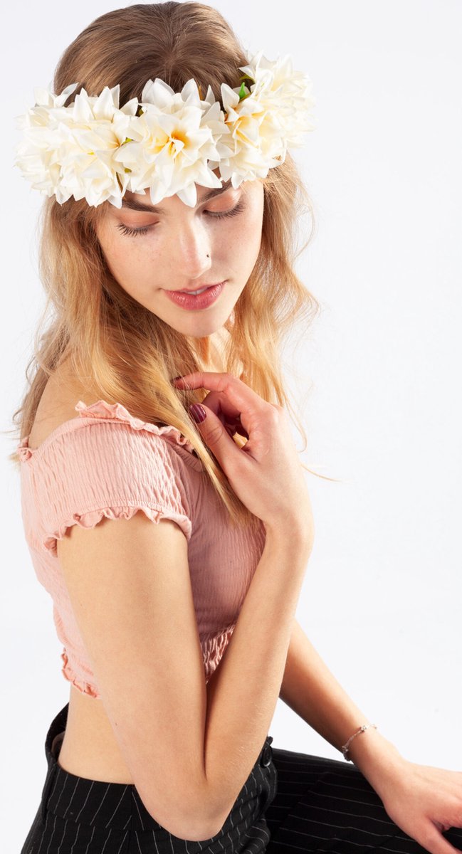   bloemenkrans haar dahlia wit bloemen haarband bruiloft fotoshoot