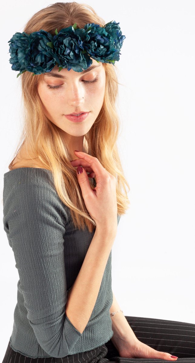   bloemenkrans haar pioenrozen blauw petrol bloemen haarband elfje