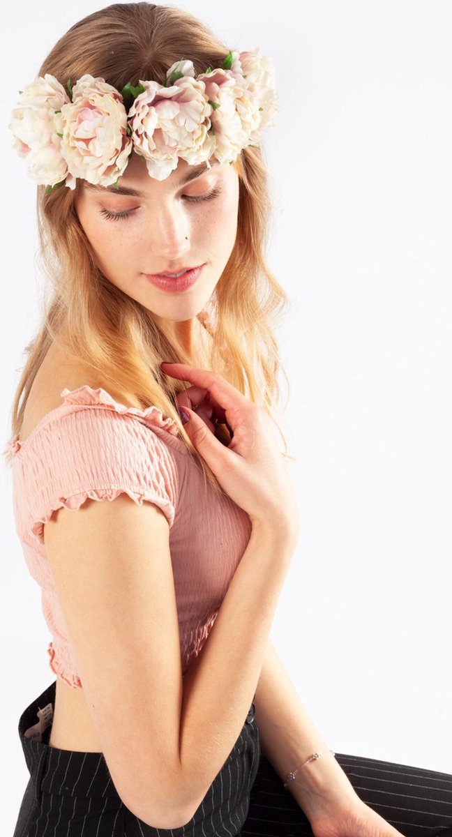   bloemenkrans haar pioenrozen crème lichtroze bloemen haarband