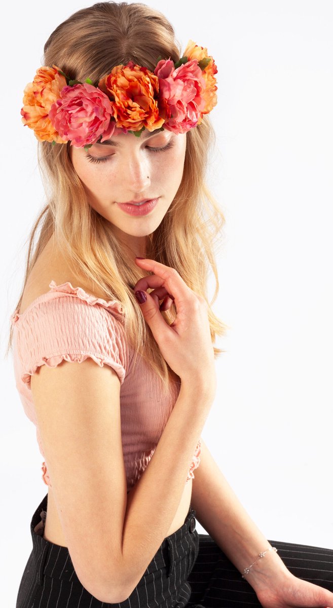 KIMU bloemenkrans haar pioenrozen oranje roze bloemen haarband diadeem