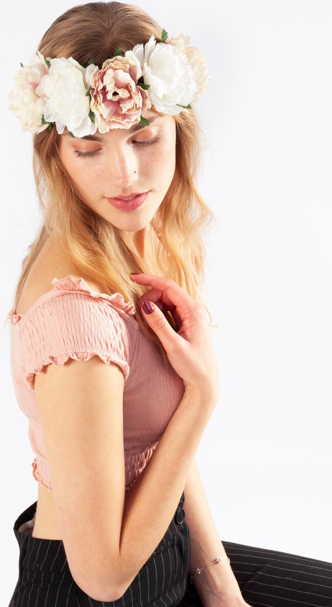   bloemenkrans haar pioenrozen wit crème bloemen haarband elfje