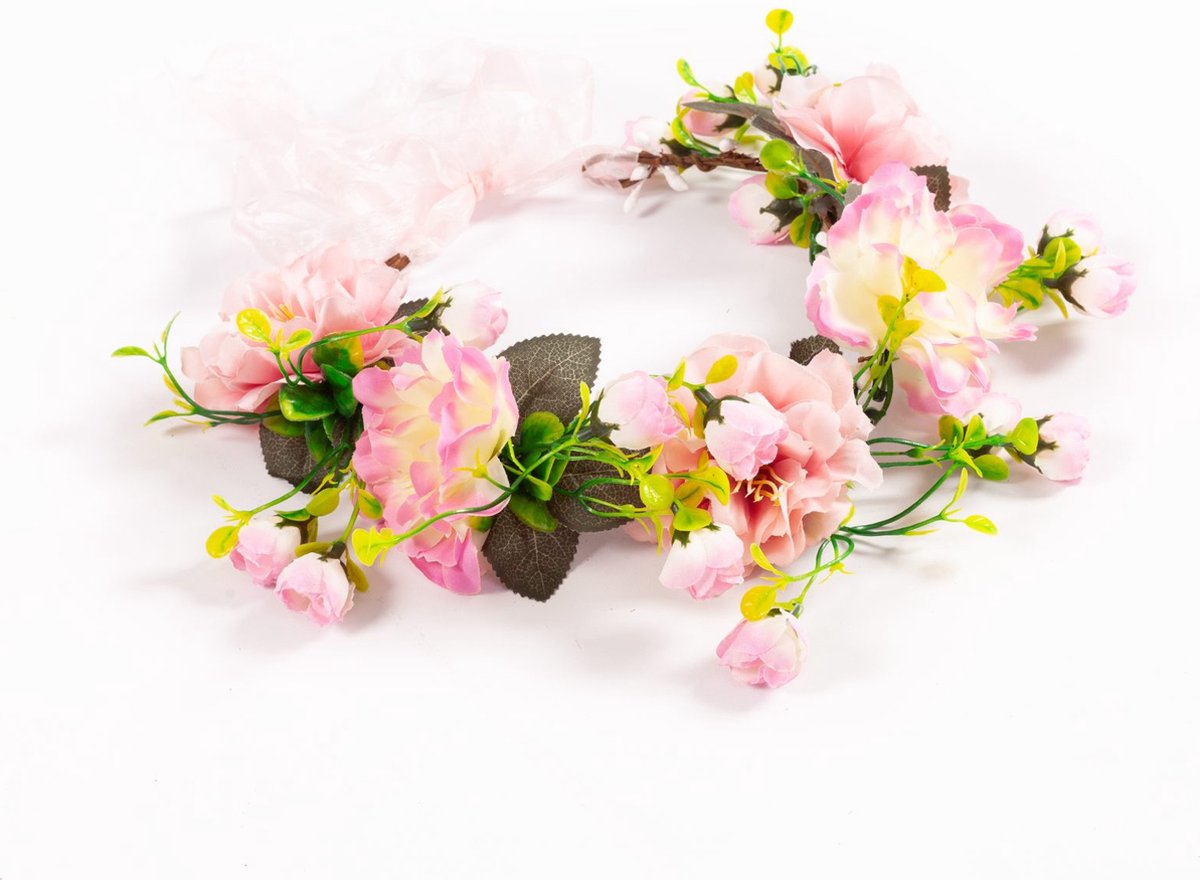   grote bloemenkrans lichtroze bloemen haarband diadeem fairy