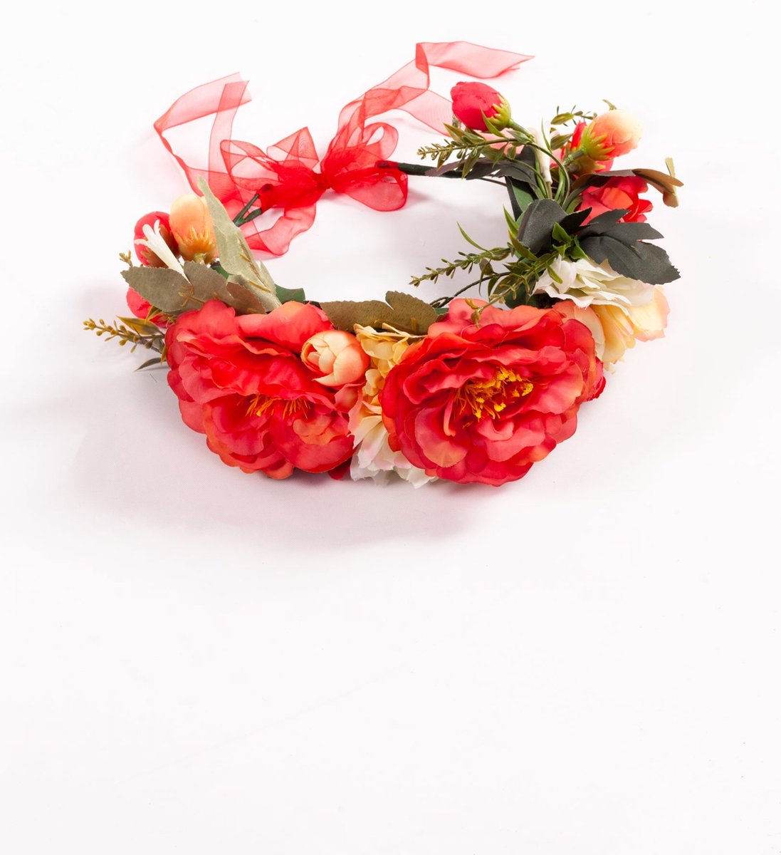   luxe grote bloemenkrans koraal rood creme bloemen haarband fairy