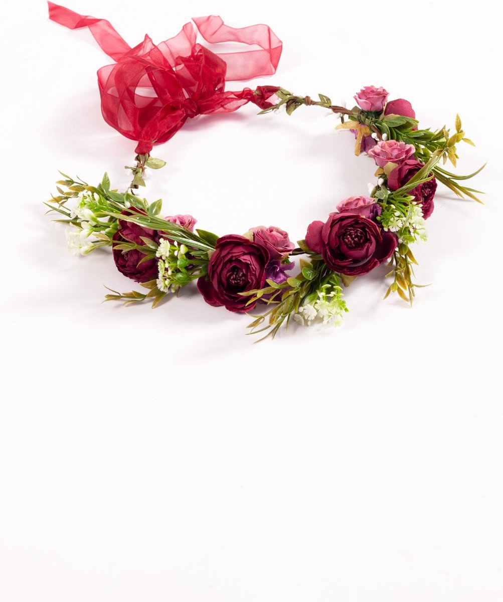   luxe pioenrozen bloemenkrans donkerrood bloemen haarband rozenkrans