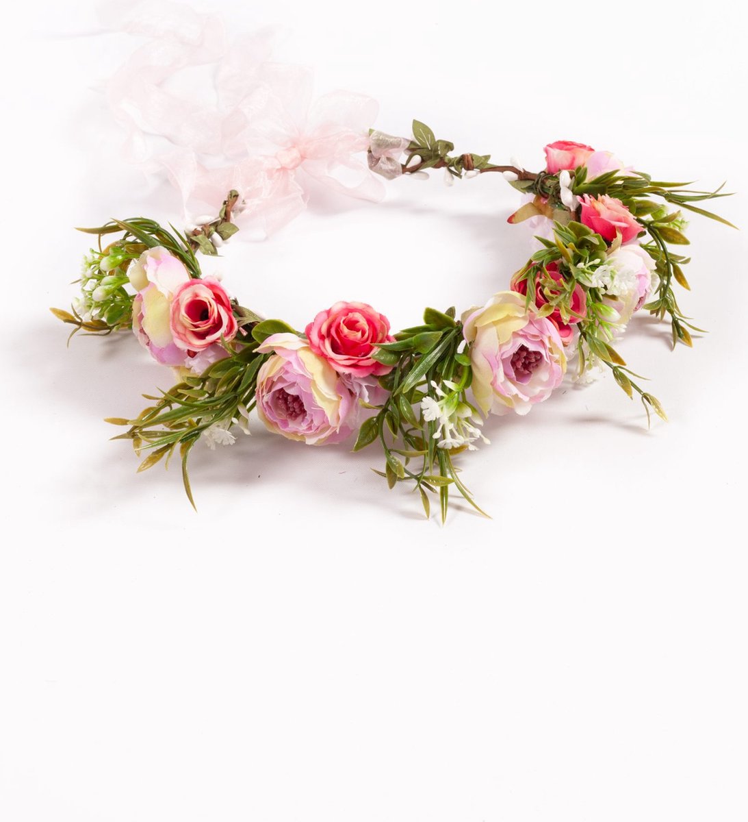   luxe pioenrozen bloemenkrans roze bloemen haarband rozenkrans elfje