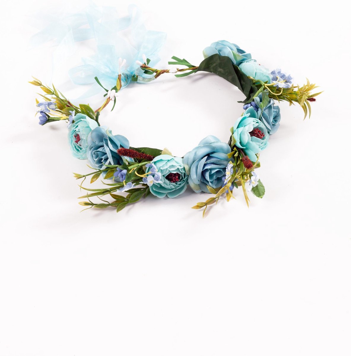   luxe rozenkrans blauw bloemenkrans rozen bloemen haarband elfje