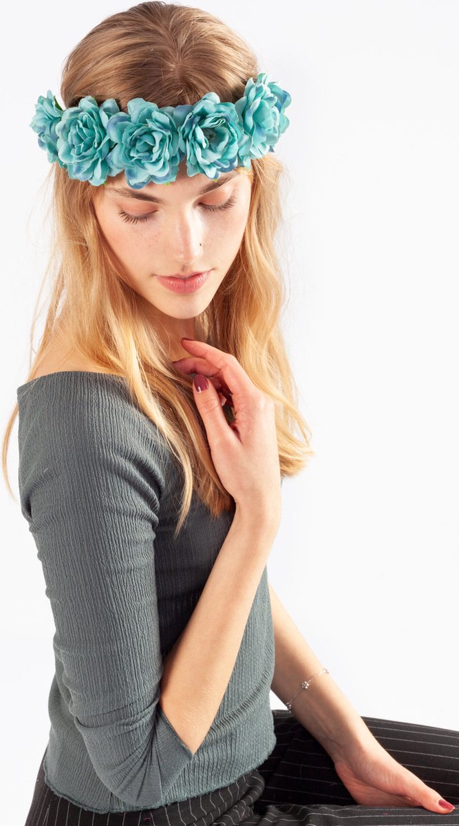   rozenkrans rozen turquoise blauw bloemenkrans haar roosjes bloemen haarband elastiek