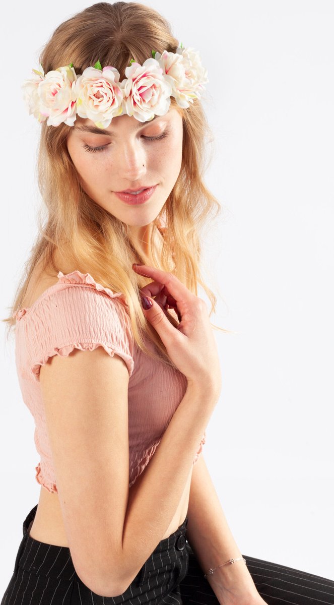  rozenkrans rozen wit lichtroze bloemenkrans haar roosjes haarband elastiek