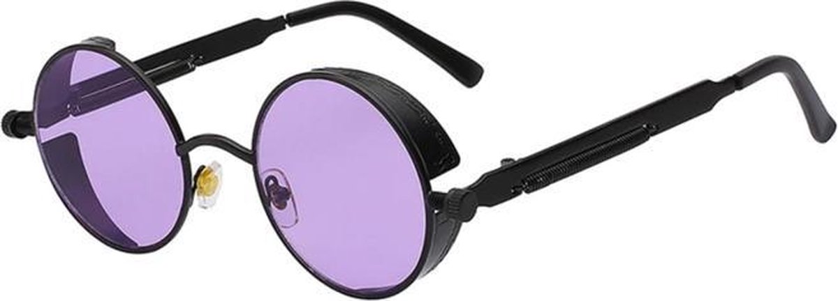 KIMU zonnebril paarse glazen steampunk - zwart rond montuur retro bril