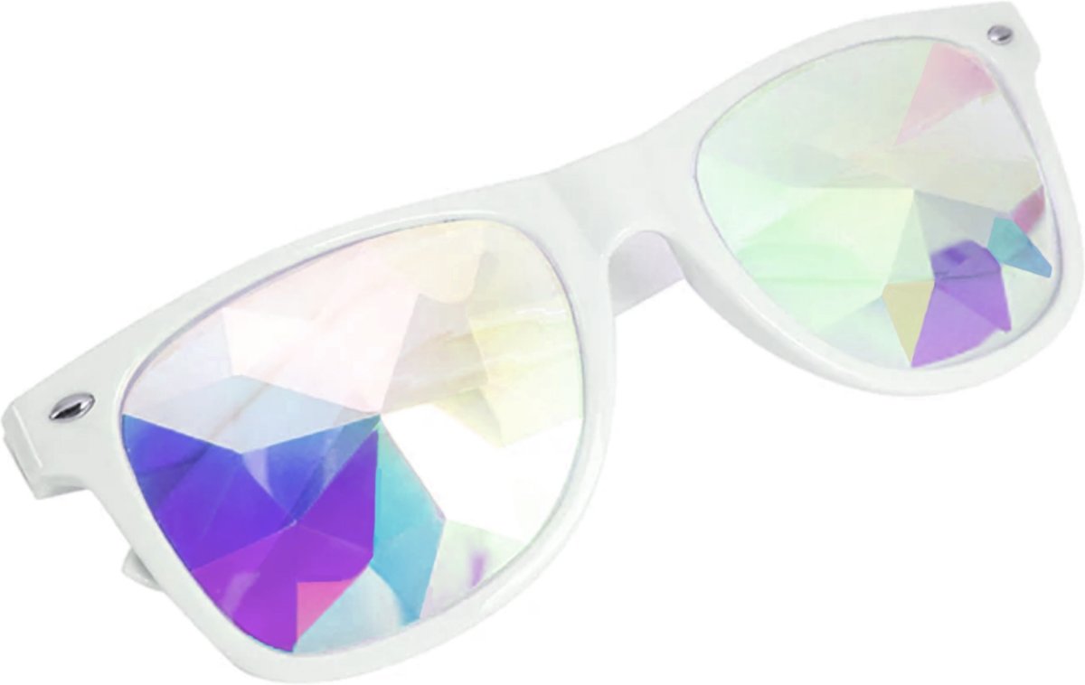 Kaleidoscoop bril Wayfarer wit - spacebril diamant caleidoscoop space rave holografisch - steampunk festival