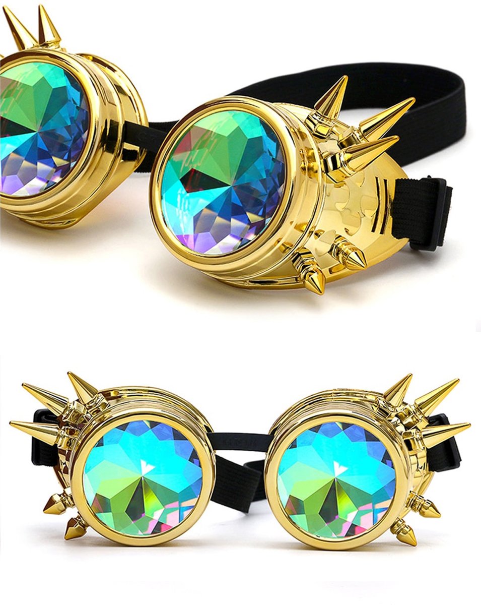 Kaleidoscoop goggles bril goud met spikes - glas diamant kaleidoscope space caleidoscoop optisch magisch toverkijker holografisch - festival carnaval steampunk Burning Man