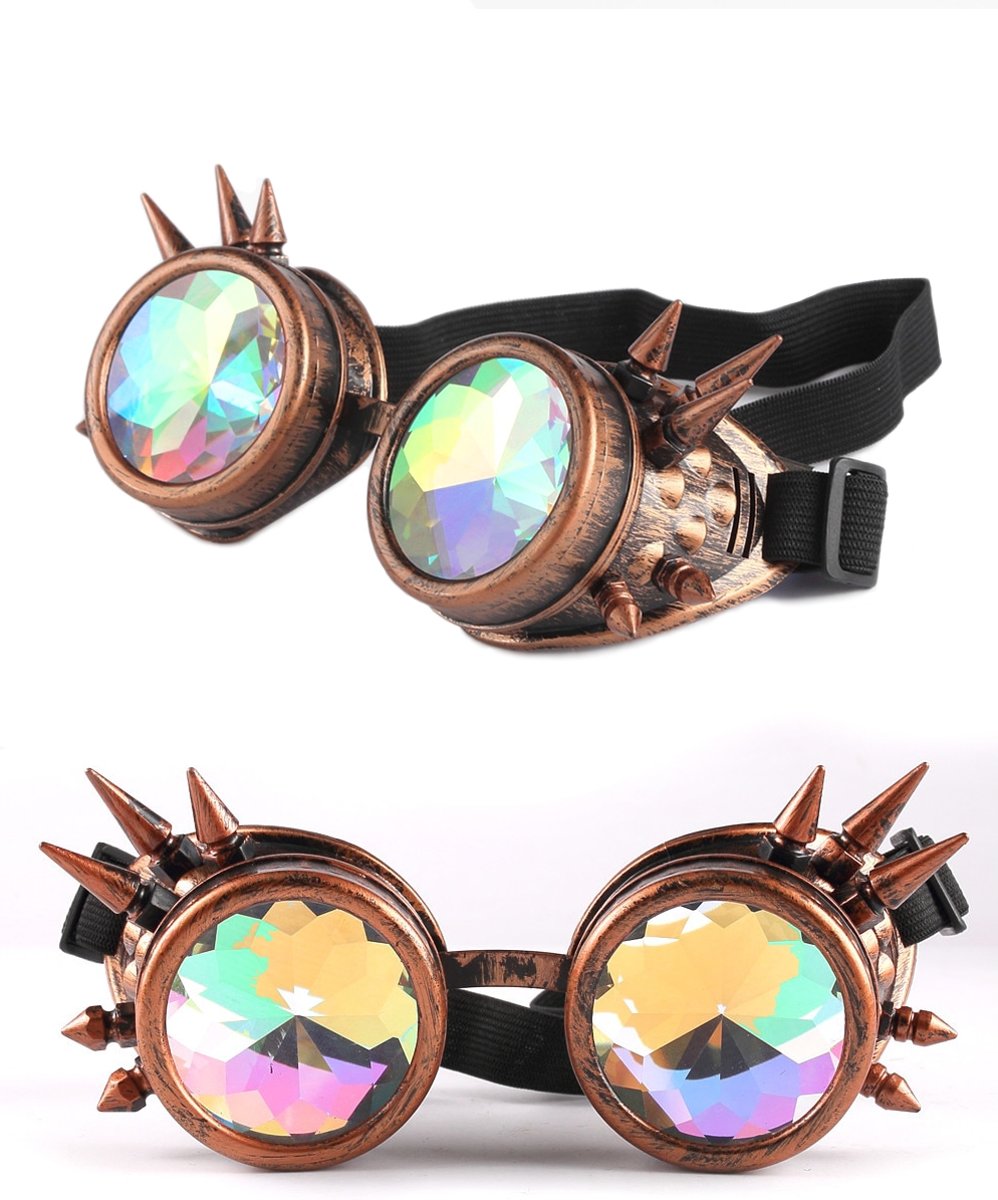 Kaleidoscoop goggles bril koper met spikes - glas diamant kaleidoscope space caleidoscoop optisch magisch toverkijker holografisch - festival carnaval steampunk Burning Man