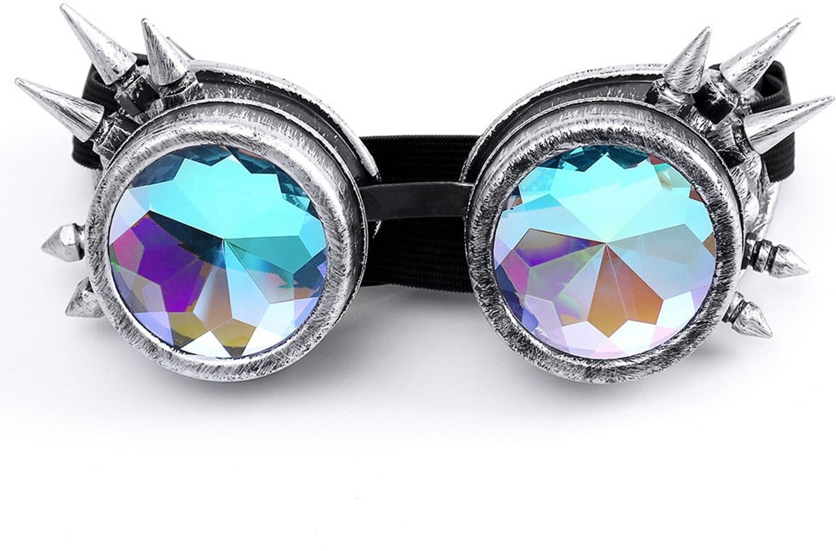 Kaleidoscoop goggles bril oud zilver met spikes - glas diamant kaleidoscope space caleidoscoop optisch magisch toverkijker holografisch - festival carnaval steampunk Burning Man