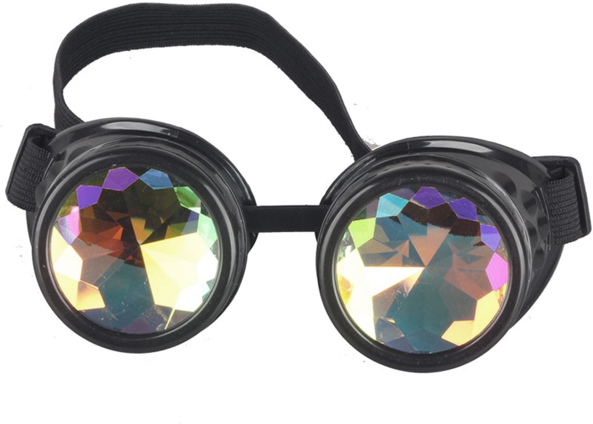 Kaleidoscoop goggles bril zwart - glas diamant kaleidoscope space caleidoscoop optisch magisch toverkijker holografisch - festival carnaval steampunk Burning Man