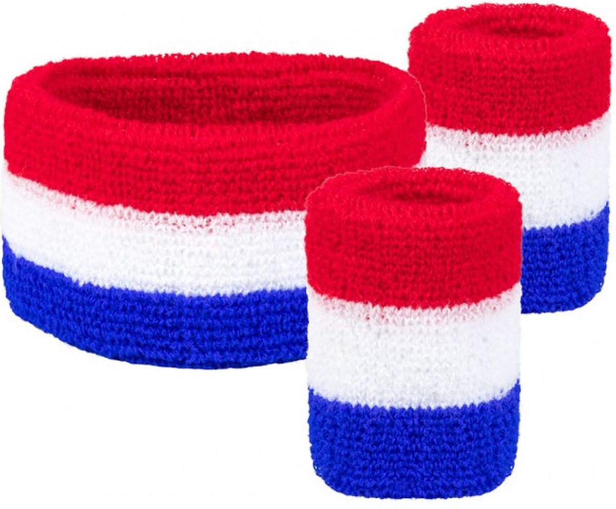 Kinder zweetbandjes set rood wit blauw - kind hoofdband polsbandjes