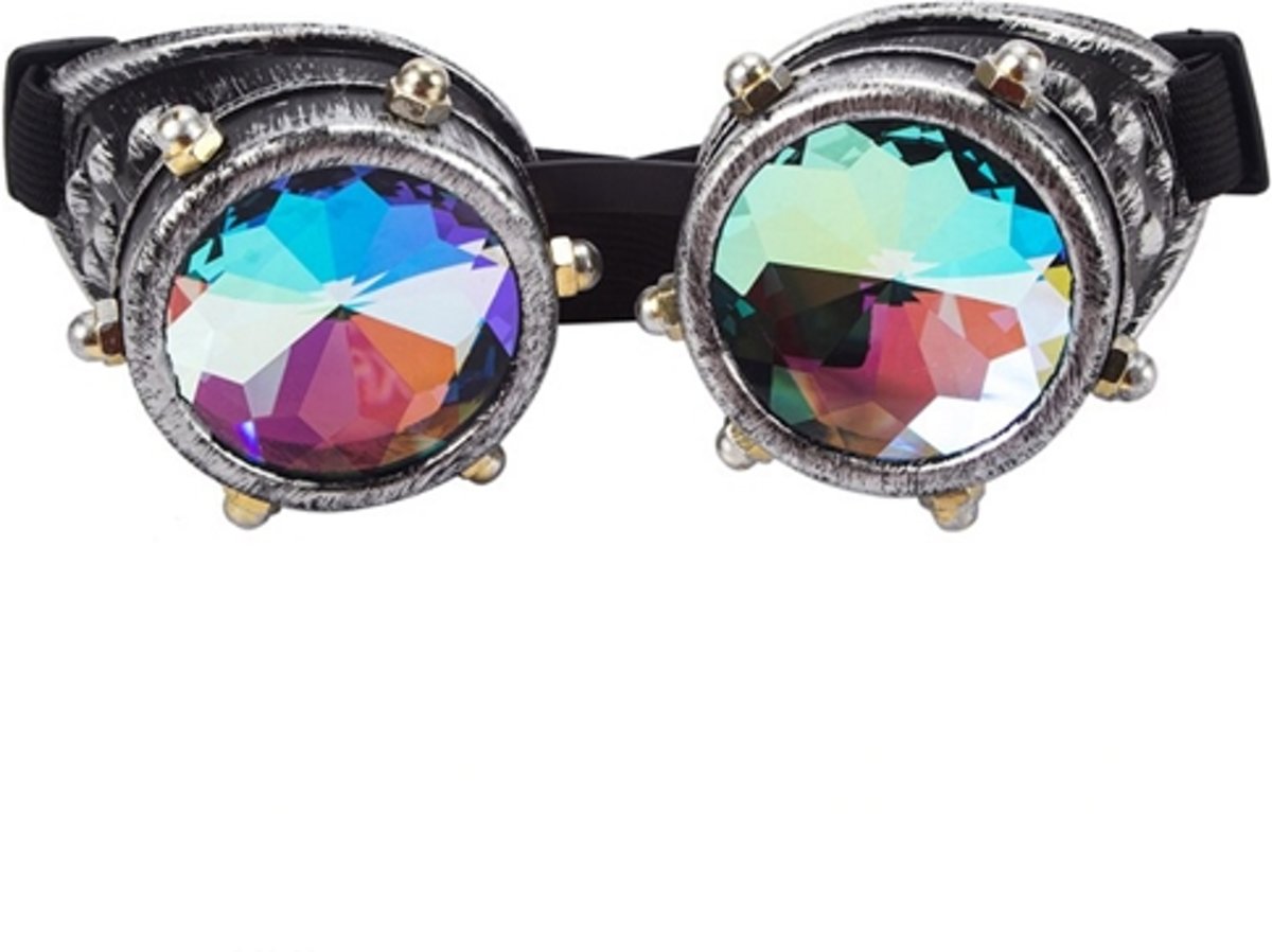 Steampunk bril caleidoscoop goggles - oud zilver studs - holografisch