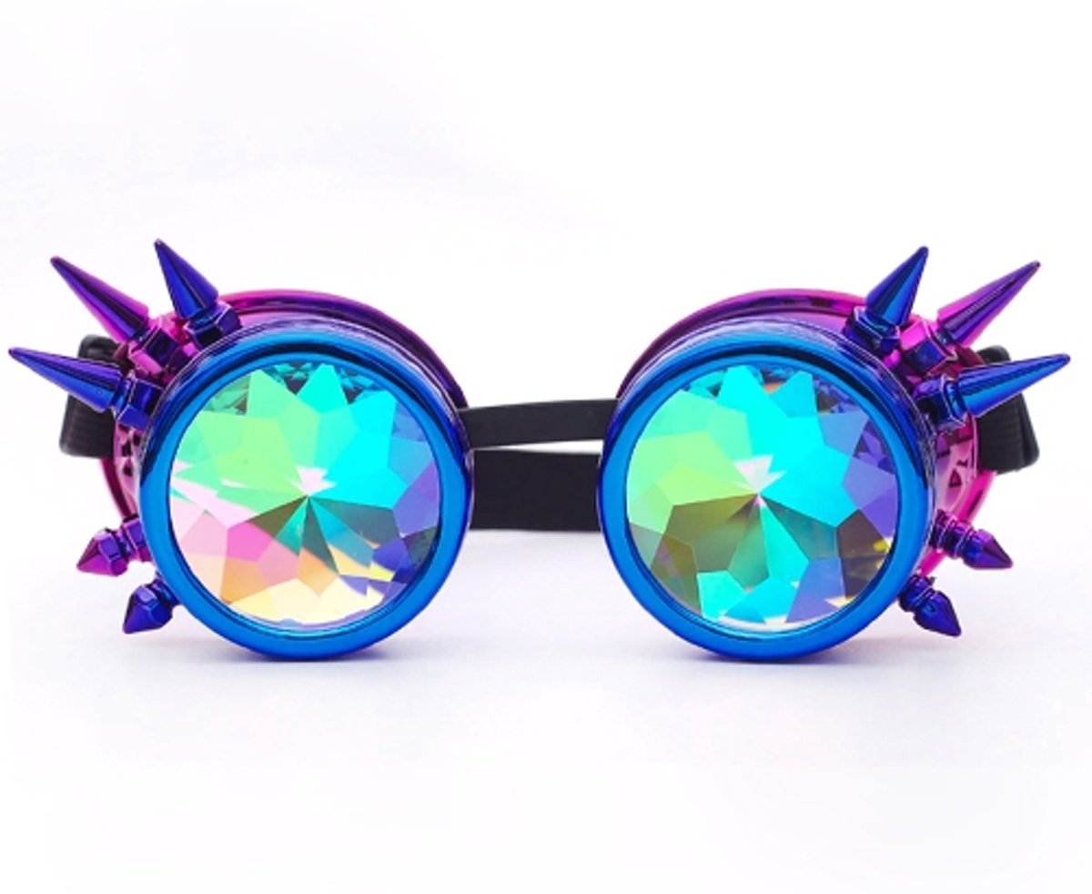 Steampunk bril goggles caleidoscoop - blauw paars spikes - spacebril